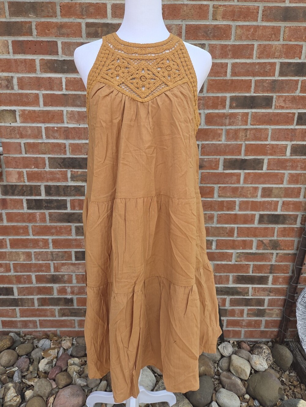 BTFBM Women's NWT Crochet Lace Yoke Tiered Sleeveless Midi Dress Mustard Yellow